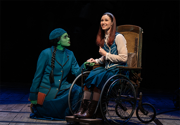 Lencia Kebede, playing Elphaba, and Jenna Bainbridge, playing Nessarose, acting out a scene in the Broadway performance of 'Wicked.'