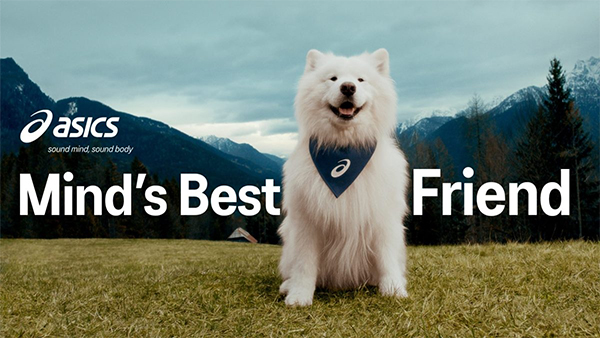 Felix, a white Samoyed, sits outside in front of a mountain background. Text around him says: "ASICS: Sound mind, sound body. Mind's best friend."