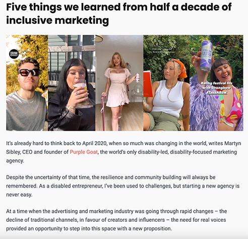 Screenshot of the piece that Martyn wrote for Marketing Beat about five things learnt over five years of inclusive marketing.