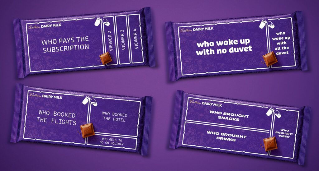 Examples of the new Cadbury's packaging where it shows how much of the bar each person should get. For example, the person who wakes up with no duvet gets most of the bar, whereas the person who wakes up with all of the duvet gets less.