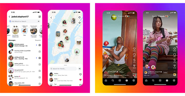 Screenshots showing some of Instagram's new features such as the 'friends map' and the 'friends' tab.