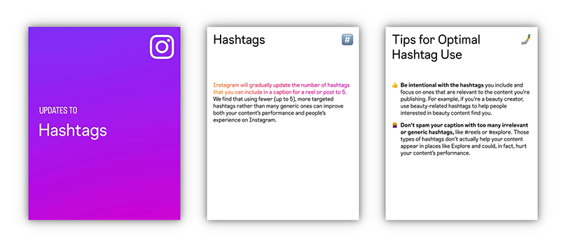 Carousel series explaining to Instagram users how they can optimally use hashtags by being intentional and avoiding irrelevant and generic hashtags.