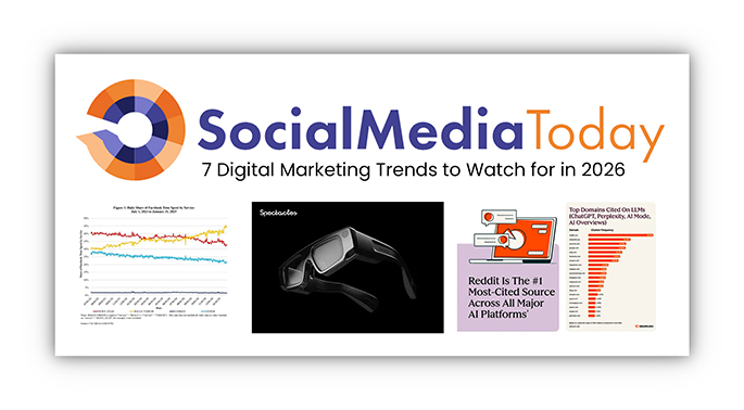 Collection of images about digital marketing trends in 2026 found in SocialMediaToday's article. The SocialMediaToday logo is pictured with a tagline underneath that says "7 Digital Marketing Trends to Watch for in 2026."