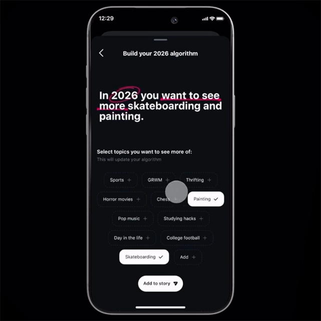 An Instagram screen showing the new options for users to craft their algorithms with terms such as 'skateboarding,' and 'painting.'