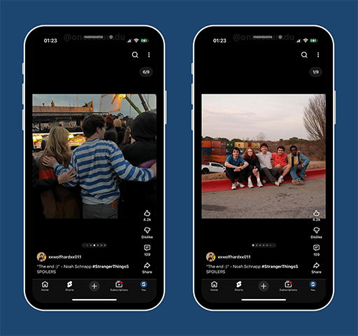 Phone screens showcasing how carousels would look in YouTube Shorts. Example shown is behind the scenes footage from Stranger Things Season 5.