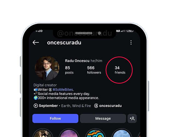 Focus on an Instagram account profile where the counter that is normally called "Following," has had its name replaced with "Friends."