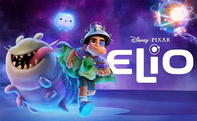 Movie poster for the film 'Elio' with the main characters running in a space environment.