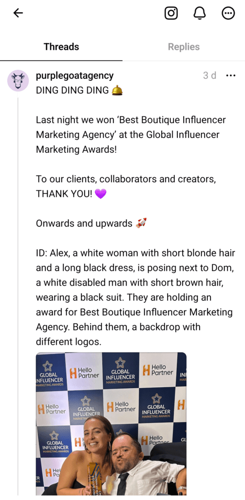 A screenshot of a post by Purple Goat Agency on Threads. The user interface is in light mode, so black text is set on a white background.