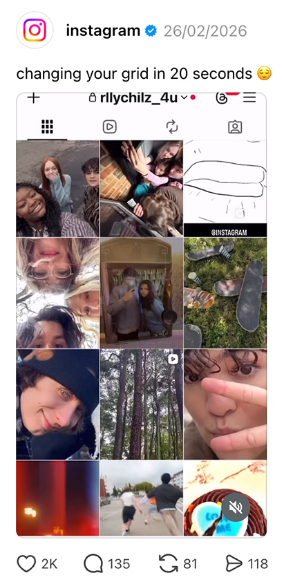 Screenshot of a video on Threads where Instagram shows how you can change the thumbnails on your grid with new tools.
