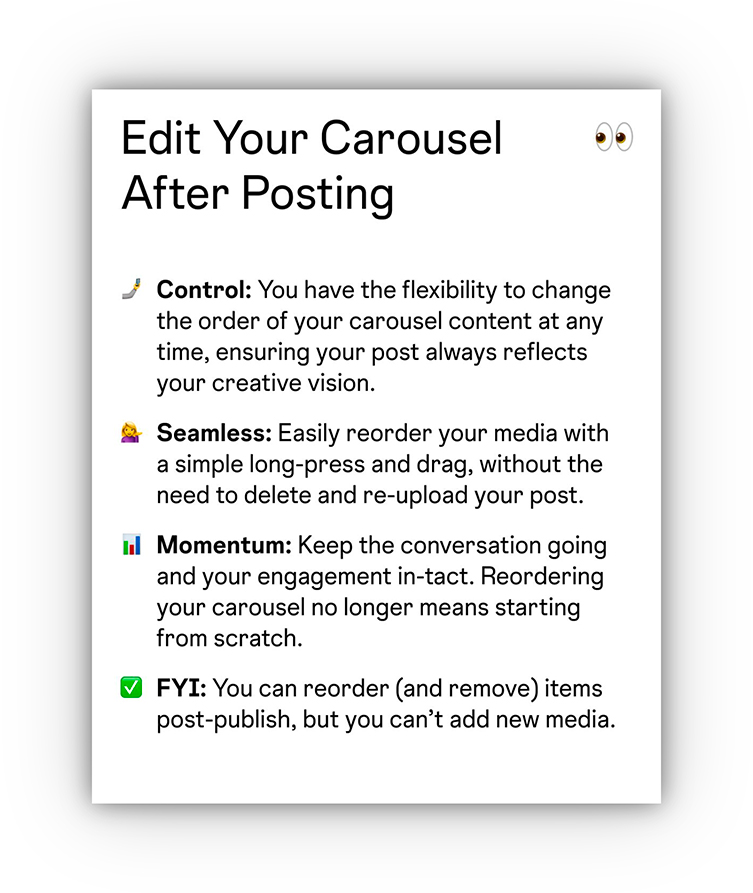 A carousel slide outlining the options that Instagram users now have for editing their carousels after posting them.