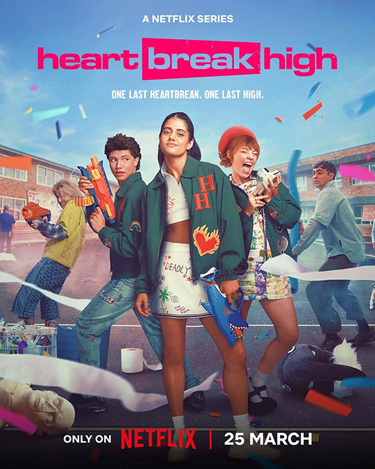 Poster for Heartbreak High Season 3 containing all the main characters firing plastic guns on the school's muck-up day.