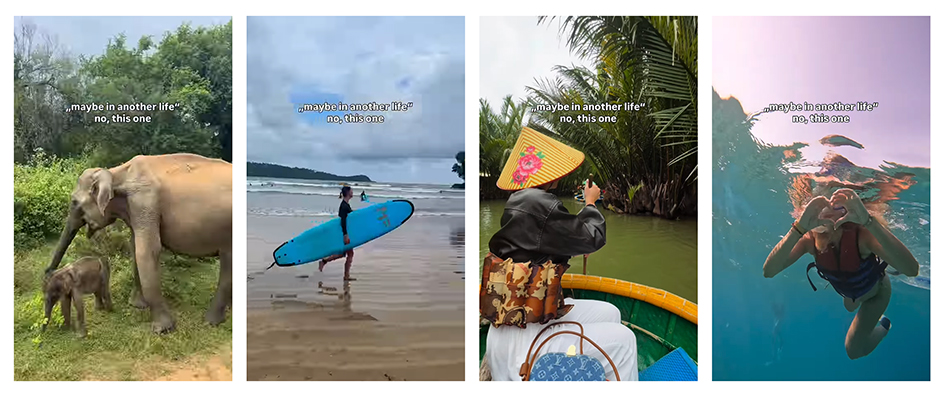 A creator documenting and sharing her travels across the world, taking part in many water activities and going on safari. Text across the whole reel says: "Maybe in another life. No, this one."