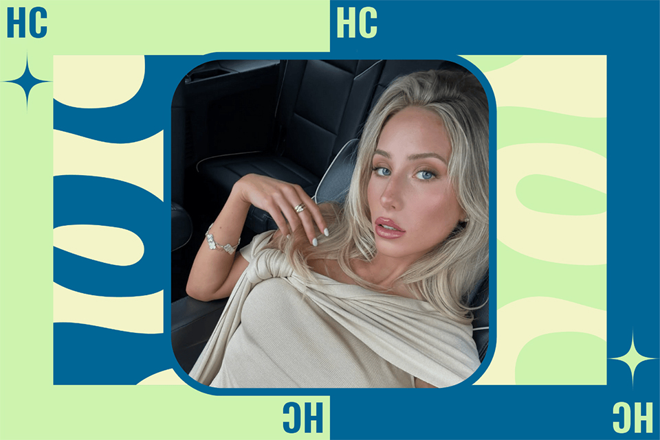 Selfie from Alix Earle in a car against a graphic background with "HC," written around the edges.