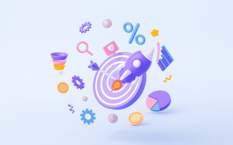 A group of digital graphics such as an arrow hitting a target and a rocket taking off to represent reaching your audience.