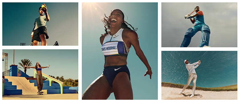 Collection of images from the Nike 'Why Do It' campaign. They show high-level athletes in tennis, athletics, cricket, golf and skateboarding having a fun time playing their preferred sports outdoors.