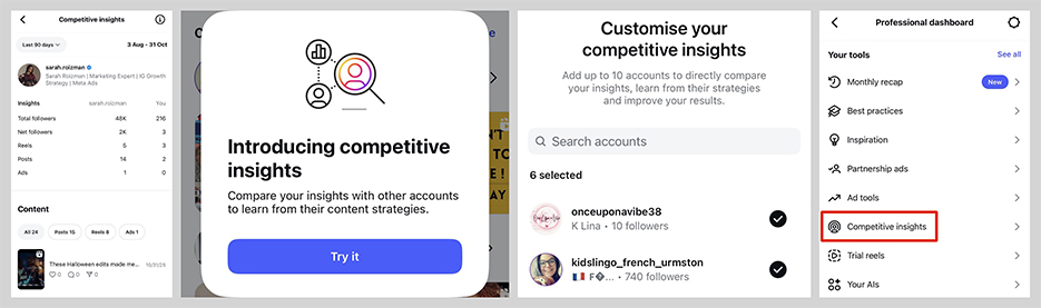 Series of screenshots showcasing how Instagram's new Competitive Insights allows users to compare their account's growth to others.
