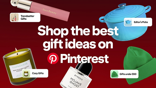 Advert showing bright, colourful products such as a candle and a beanie hat. Text in the middle says: "Shop the best gift ideas on Pinterest."