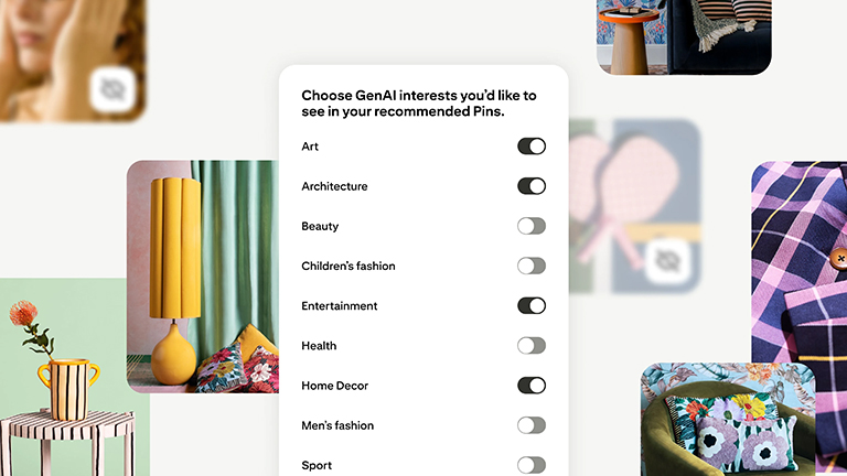 User interface allowing users on Pinterest to toggle GenAI interests on and off. Surrounded by aesthetic interior decor images.