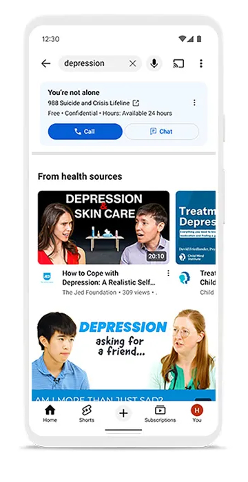 A YouTube search for "depression," where the results show professional links to informative videos and other sources.