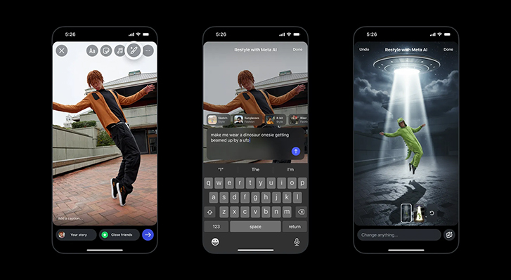 Screenshots showing the user journey of transforming a video of someone jumping into a video of the same person being beamed up by a UFO using Instagram's Generative AI.