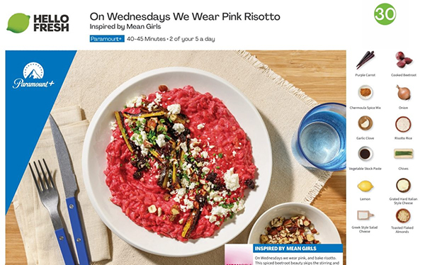 Web interface showing a recipe and accompanying image for "On Wednesdays We Wear Pink Risotto." Inspired by Mean Girls, this is part of the collaboration between Hello Fresh and Paramount Plus.