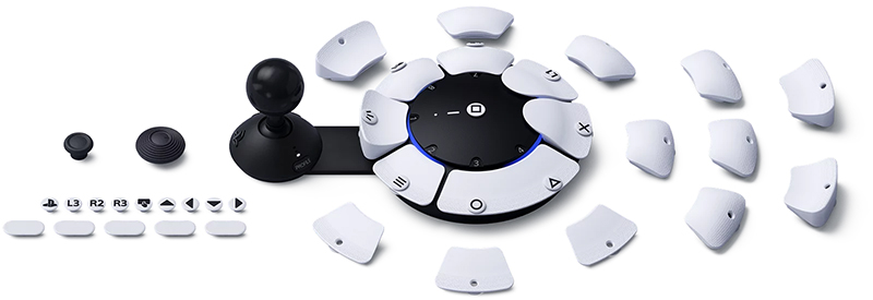 Product shot of the PS5 Adaptive Controller with different options on display.