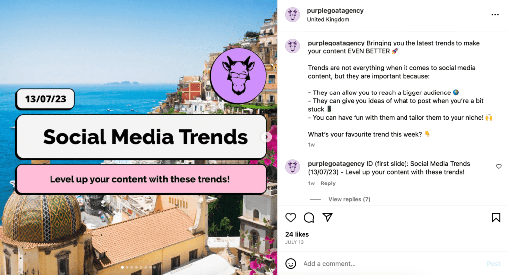 Purple Goat Instagram Post Example with Limited emojis and image descriptions