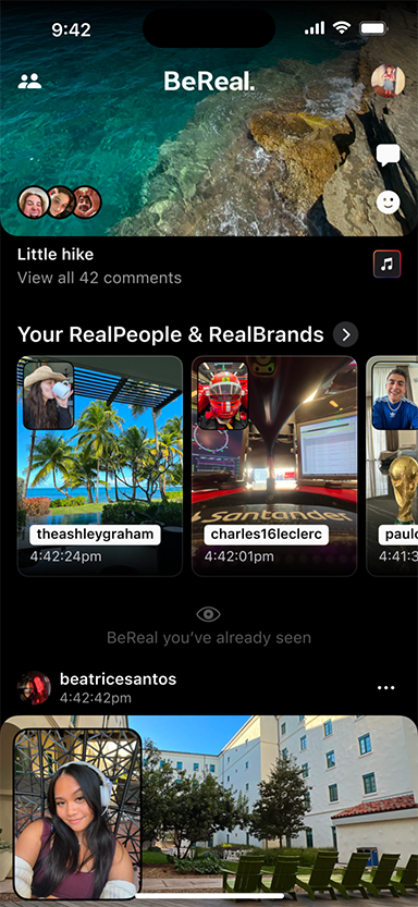 A phone screen showing the BeReal app and a section that says 'Your RealPeople & RealBrands'. 