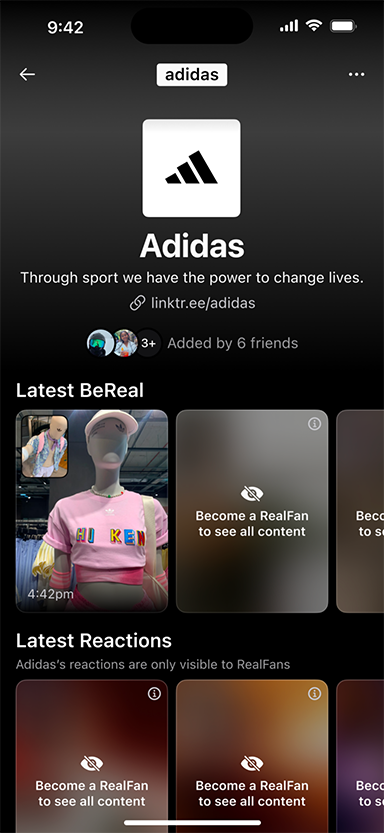 A phone screen showing the Adidas profile on BeReal. Some of their posts are hidden and a message says 'Become a RealFan to see all content'.