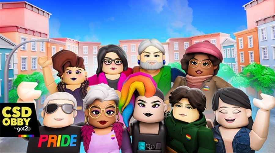 Collection of Roblox avatars posing for a group photo, representing different aspects of gender and sexual identity.
