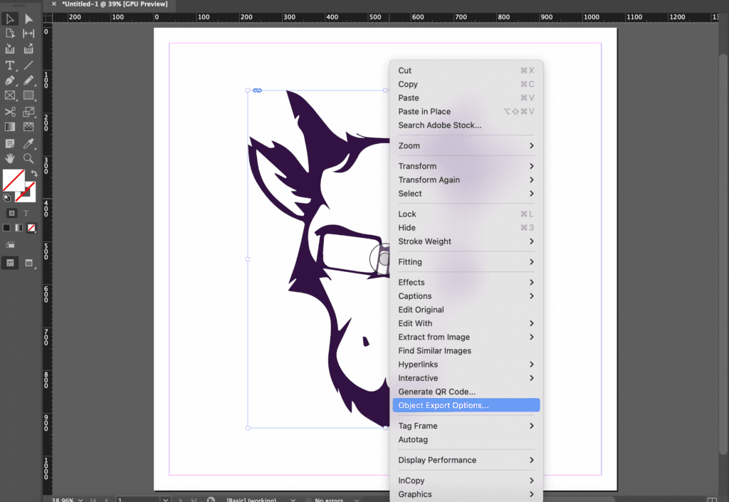 The Purple Goat logo selected in Adobe InDesign, with a menu up over the top with the cursor over 'Object Export Options.'