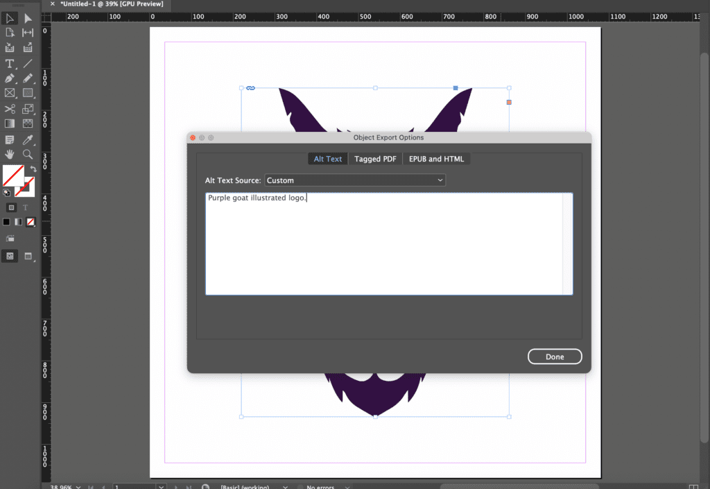 An Adobe InDesign document with the window for Object Export Options open over the top. The alt text "Purple goat illustrated logo," has been typed in.