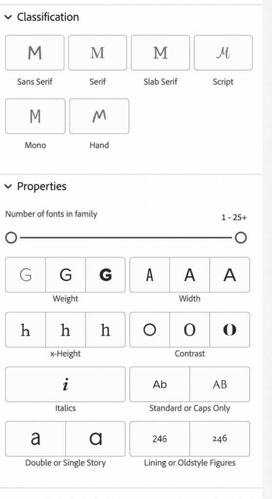 A selection of filters on Adobe Fonts including serifs, weight, height and contrast.