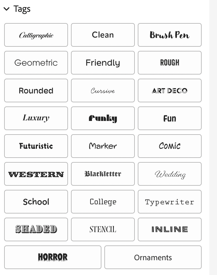 A filter on Adobe Fonts that shows the different styles of typefaces available, such as 'Clean,' 'Rounded,' and 'Futuristic.'