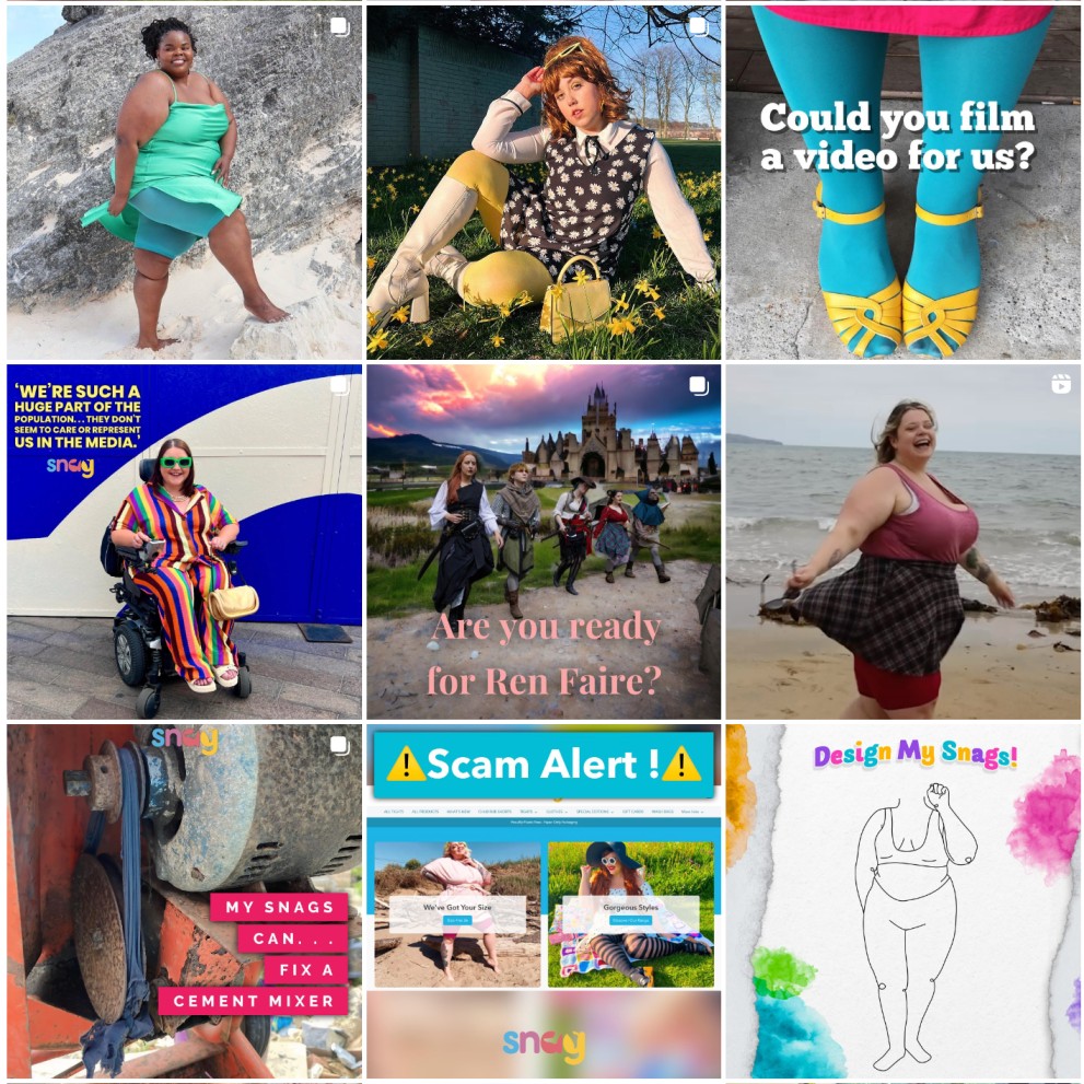 An overview of the profile of fashion brand 'Snag', showing a variety of models wearing bright and colourful items.