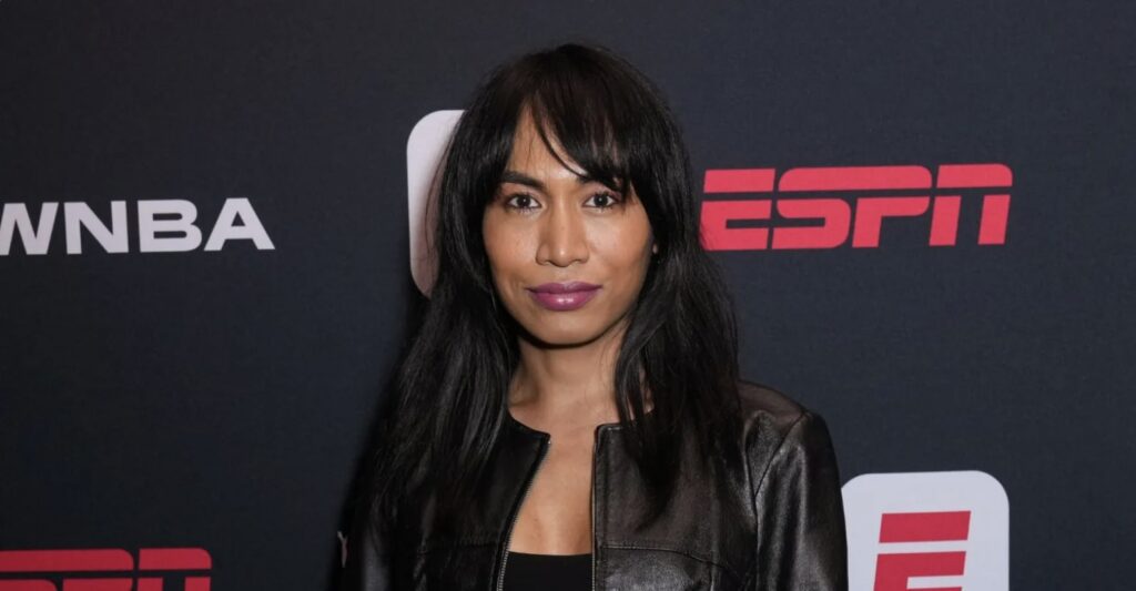 A picture of Veejay Floresca, a Filipino woman with dark long hair and wearing a black leather jacket.
