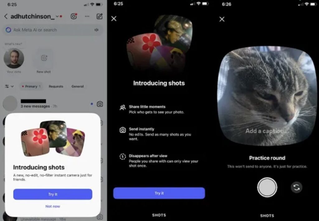 Screenshots showing the new Instagram feature 'Shots'.