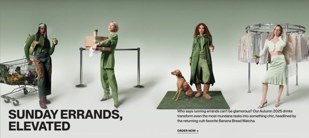 Blank Street's homepage showing four different women dressed in green doing different errands while holding blank street coffee orders.
