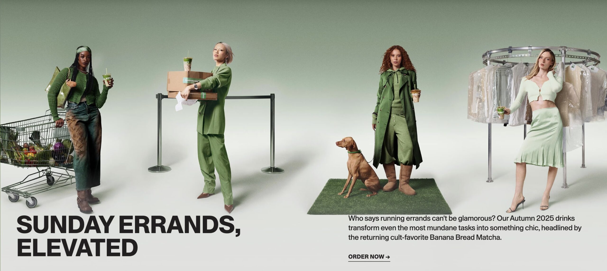 Blank Street's homepage showing four different women dressed in green doing different errands while holding blank street coffee orders.