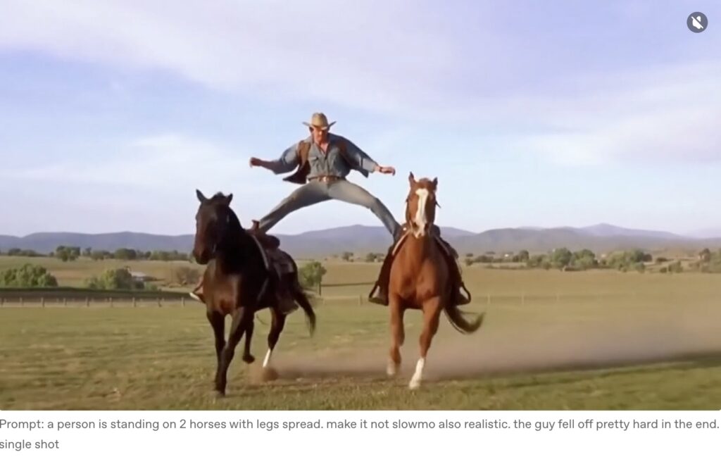 Screenshot from an example video on Sora, where a man is riding two horses at the same time.