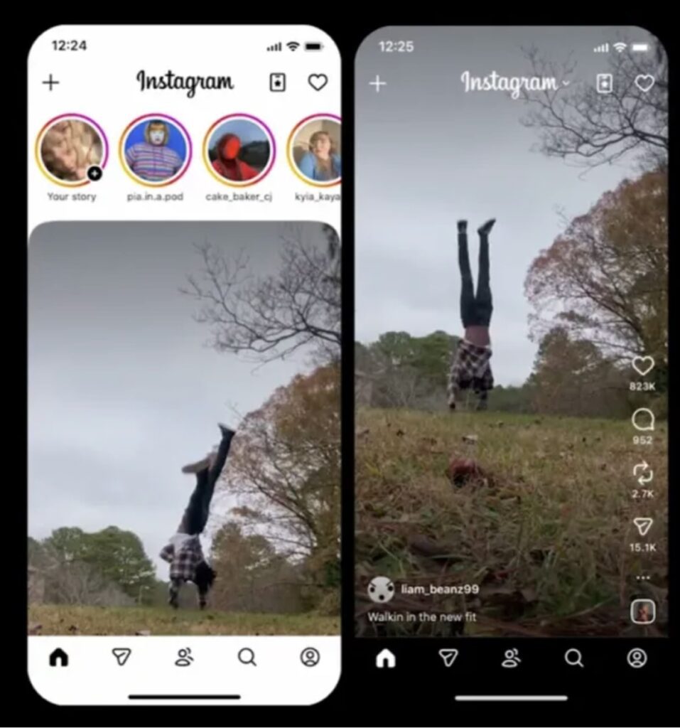 Screenshot of two phone screens showing the Instagram feed changed to having the Reels tab first, followed by DMs.