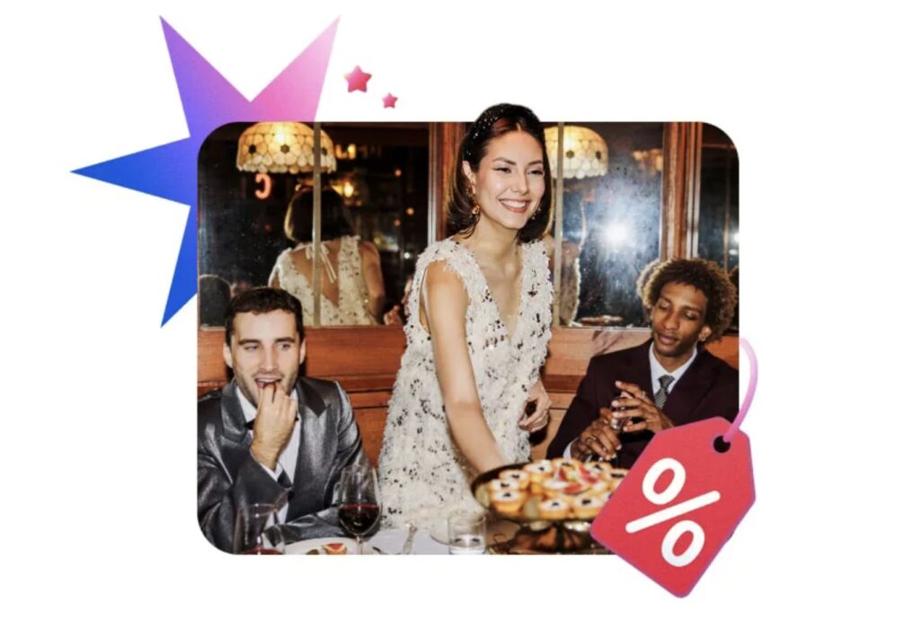 Three people are dressed for the holidays and eating together. There is also a percentage label graphic on the right.