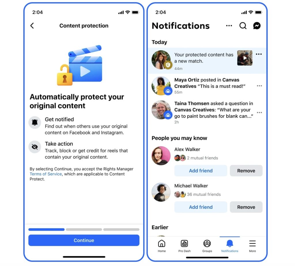 Two phone screens showing the content protection feature on Facebook.