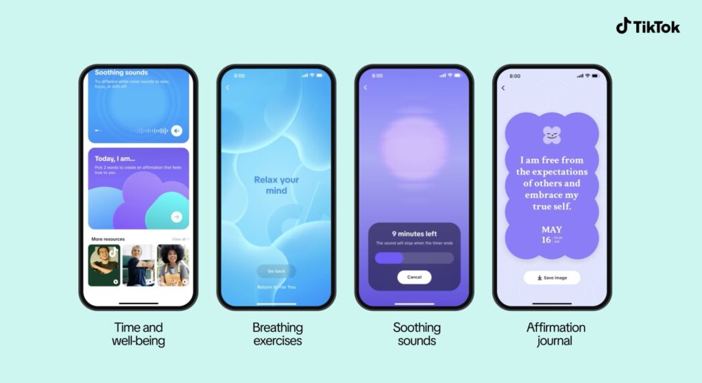 Four phone screens showing the new mental health tiktok features, including breathing exercises, soothing sounds and an affirmation journal.