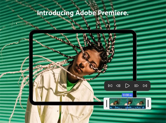 Abstract image of a black woman swinging her braided her inside a frame with video playheads to the side, and a phone mockup showing footage of this scene paused on a frame. Text at the top reads: "Introducing Adobe Premiere."