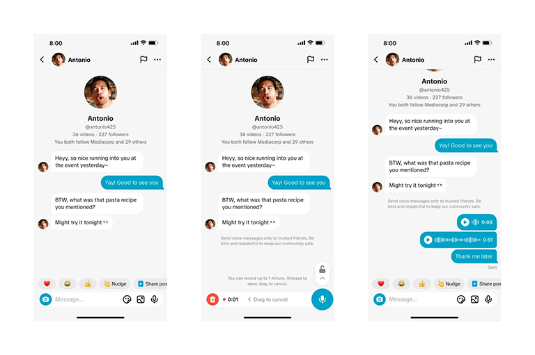 A TikTok messaging chain where about half way down some of the messages are voice notes, showcasing one of TikTok's newest features.