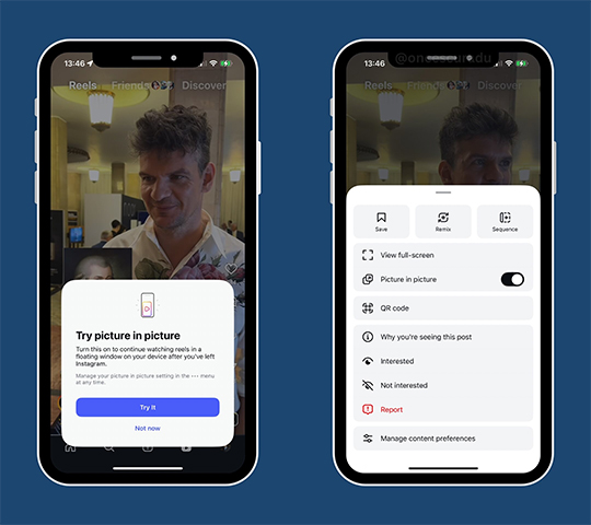 Phone screenshots of Instagram's new 'Picture in Picture Reels' feature. One prompting the user to try the feature, and the other showing how the user can toggle it on and off in settings.