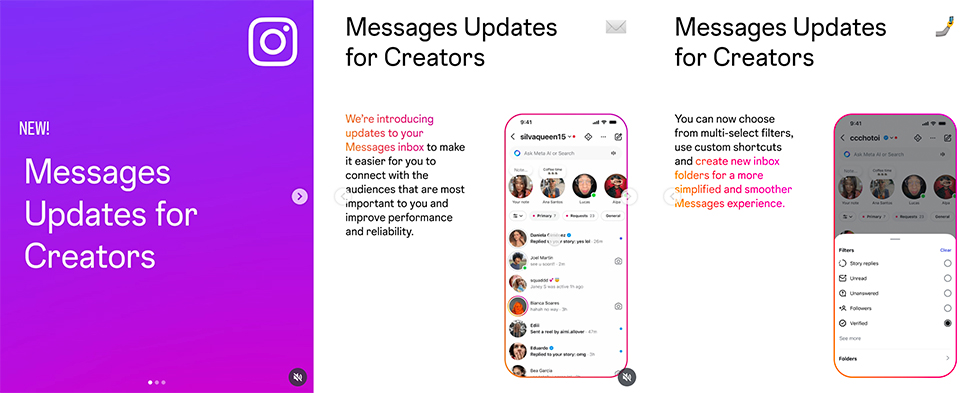 Instagram carousel introducing new message updates for creators, such as multi-select filters and custom shortcuts.