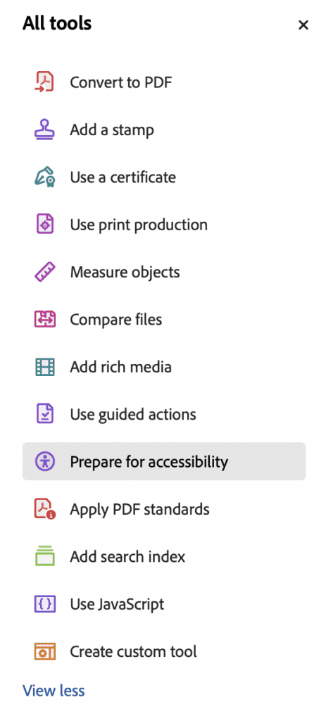 The Adobe Acrobat tools menu with 'View more,' selected. The option 'Prepare for accessibility,' can now be seen.