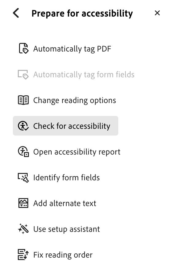 Adobe Acrobat's 'Prepare for Accessibility,' menu with the cursor over 'Check for Accessibility.'